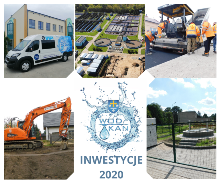 Na zdjęciu logo Wodkan i inwestycje roku 2020, na jednym samochód brygadowy, na drugim Oczyszczalnia Ścieków w Mokrej Prawej widok z drona, trzecie ul Trzcińska kładziona nawierzchnia, poniżej Osiedle Halinów koparka wykonująca prace budowlane, kolejne zdjęcie studnia na stacji uzdatniania wody