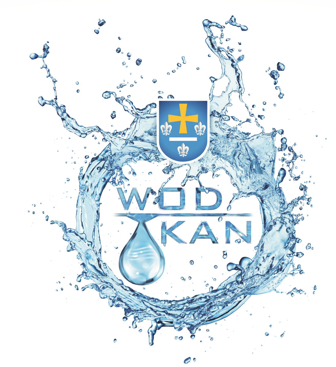 Niebieskie Logo wodkan okragłe jako kontur ma lejącą wodę, na górze herb Skierniewic w środku niebieski napis WOD-KAN z kroplą wody