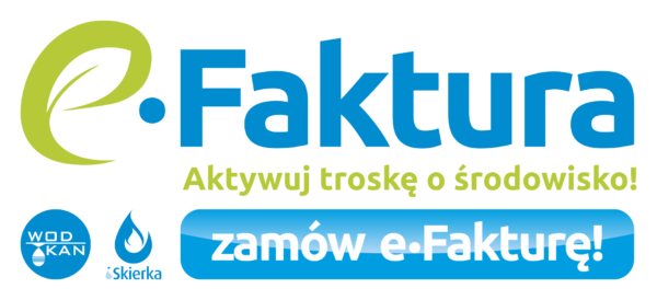 Grafika z napisem Efaktura pod spodem zielony napi Aktywuj troskę o środowisko, pod napisem niebieskie logo wodkan, logo niebieskie Iskierka ( płomień ognia) obok biały napis na niebieskim tle zamów Efakturę