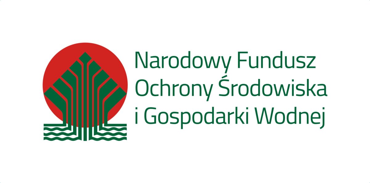 Logo Narodowego Funduszy Ochrony Środowiska i Gospodarki Wodnej, obok zielonego napisu czerwony okrąg z zielonymi