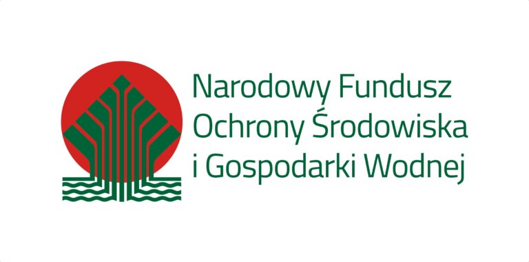 Logo Narodowego Funduszy Ochrony Środowiska i Gospodarki Wodnej, obok zielonego napisu czerwony okrąg z zielonymi